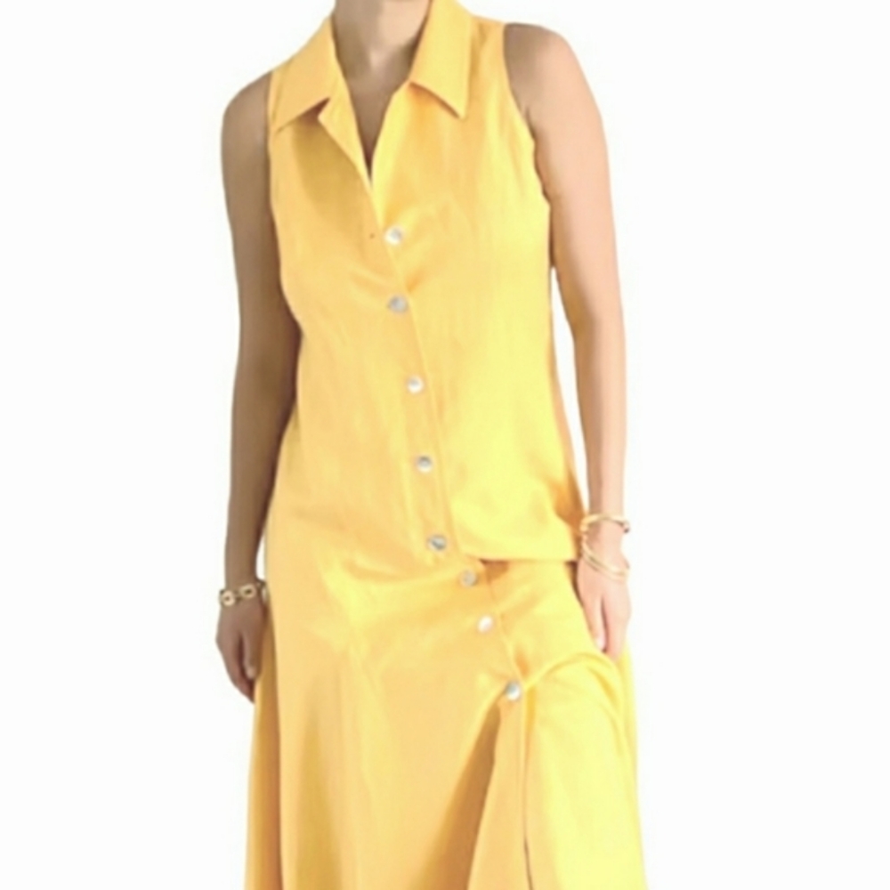 Vintage Talbots Irish Linen Button Front Yellow Dress Size 4